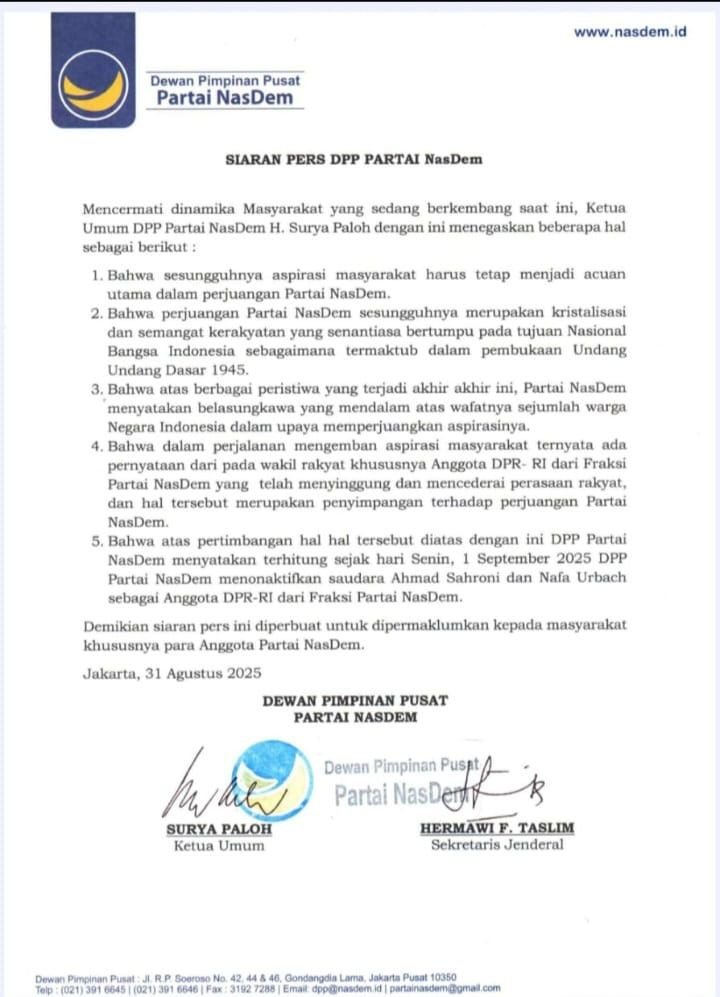 Surya Paloh Tegaskan: Aspirasi Rakyat Jadi Acuan, Dua Anggota DPR NasDem Dinonaktifkan